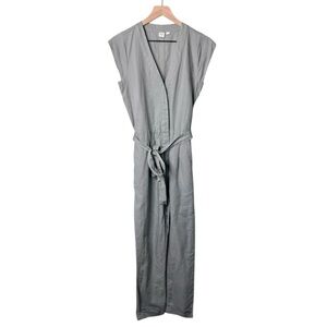 Gap Linen Cap Sleeve Belted Jumpsuit V Neck Pockets Light Sage Green Grey Size 2